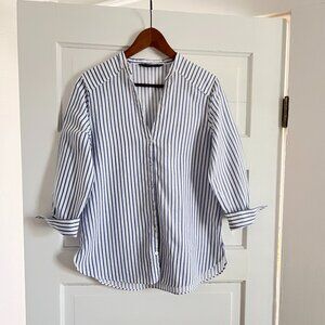 Zara Women's Blue and White Stripe Linen Blouse — Size L
